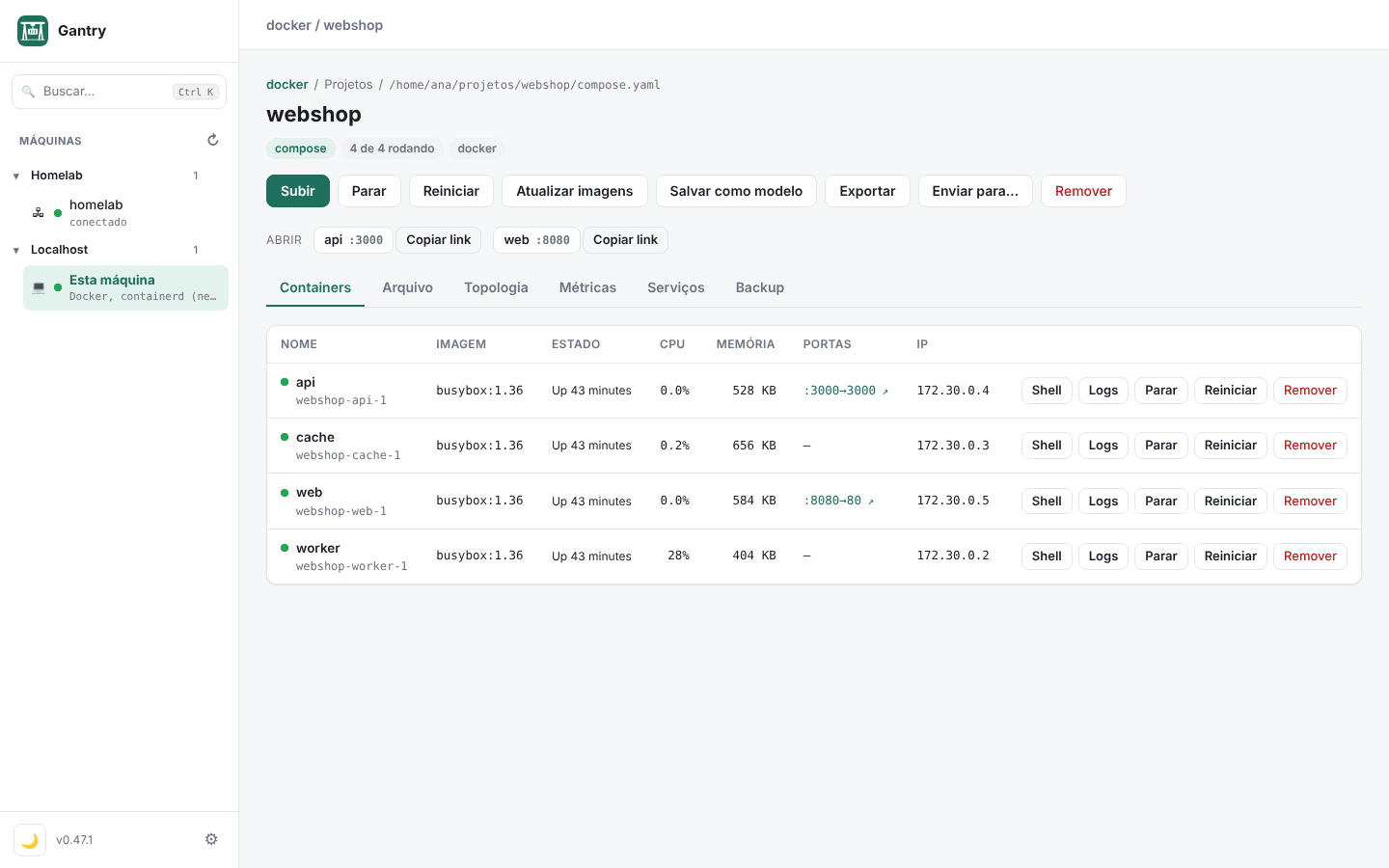 O Gantry mostrando um projeto compose com os seus containers